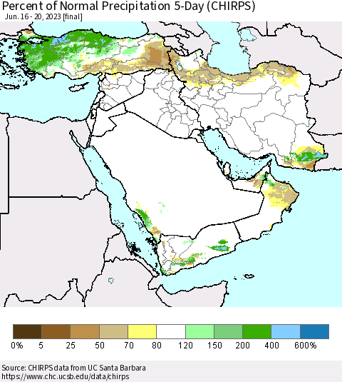 Middle East and Turkey Percent of Normal Precipitation 5-Day (CHIRPS) Thematic Map For 6/16/2023 - 6/20/2023