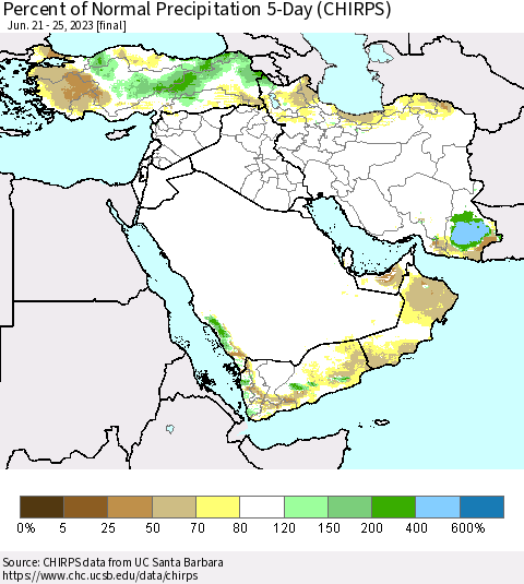 Middle East and Turkey Percent of Normal Precipitation 5-Day (CHIRPS) Thematic Map For 6/21/2023 - 6/25/2023