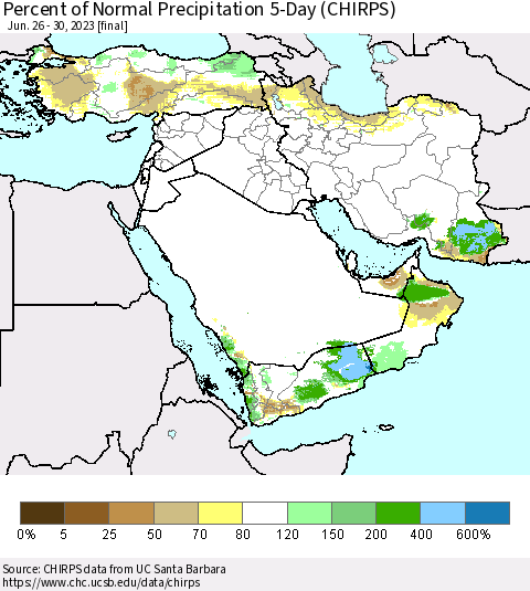Middle East and Turkey Percent of Normal Precipitation 5-Day (CHIRPS) Thematic Map For 6/26/2023 - 6/30/2023