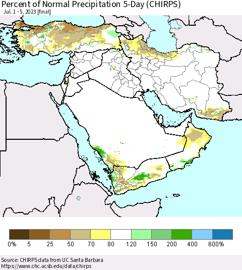 Middle East and Turkey Percent of Normal Precipitation 5-Day (CHIRPS) Thematic Map For 7/1/2023 - 7/5/2023