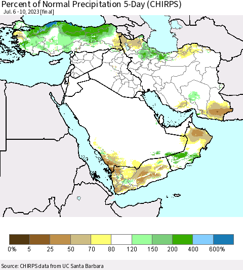 Middle East and Turkey Percent of Normal Precipitation 5-Day (CHIRPS) Thematic Map For 7/6/2023 - 7/10/2023