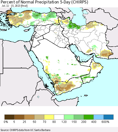 Middle East and Turkey Percent of Normal Precipitation 5-Day (CHIRPS) Thematic Map For 7/11/2023 - 7/15/2023