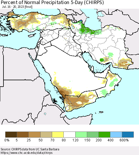 Middle East and Turkey Percent of Normal Precipitation 5-Day (CHIRPS) Thematic Map For 7/16/2023 - 7/20/2023