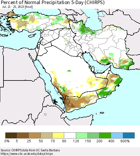 Middle East and Turkey Percent of Normal Precipitation 5-Day (CHIRPS) Thematic Map For 7/21/2023 - 7/25/2023
