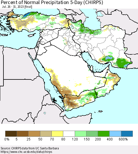 Middle East and Turkey Percent of Normal Precipitation 5-Day (CHIRPS) Thematic Map For 7/26/2023 - 7/31/2023