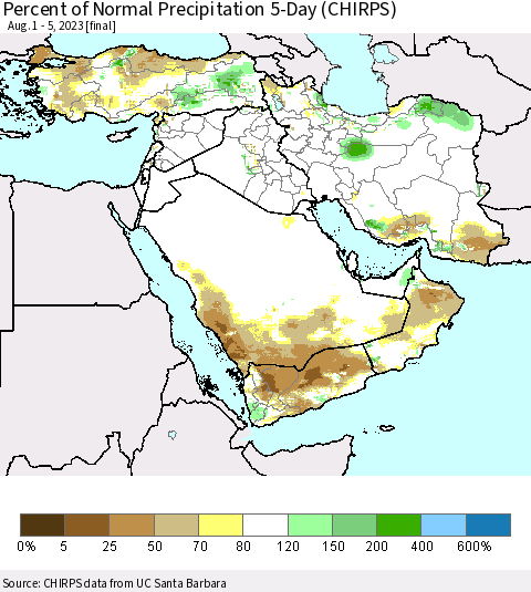 Middle East and Turkey Percent of Normal Precipitation 5-Day (CHIRPS) Thematic Map For 8/1/2023 - 8/5/2023