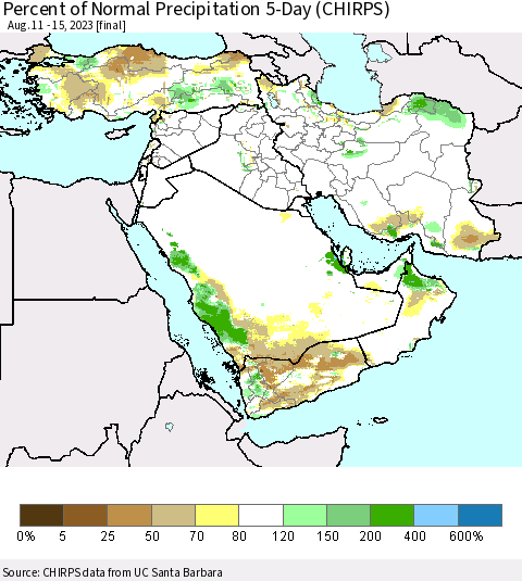 Middle East and Turkey Percent of Normal Precipitation 5-Day (CHIRPS) Thematic Map For 8/11/2023 - 8/15/2023