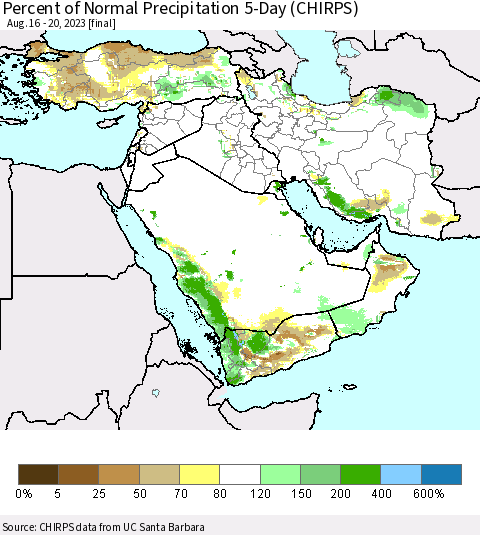 Middle East and Turkey Percent of Normal Precipitation 5-Day (CHIRPS) Thematic Map For 8/16/2023 - 8/20/2023