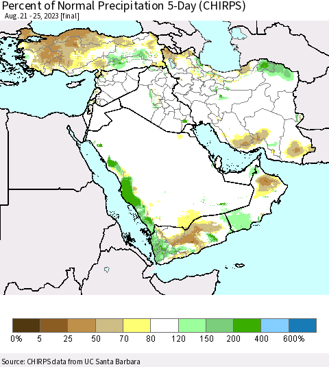 Middle East and Turkey Percent of Normal Precipitation 5-Day (CHIRPS) Thematic Map For 8/21/2023 - 8/25/2023