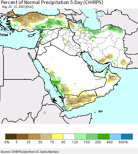 Middle East and Turkey Percent of Normal Precipitation 5-Day (CHIRPS) Thematic Map For 8/26/2023 - 8/31/2023