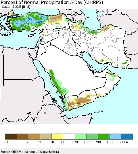 Middle East and Turkey Percent of Normal Precipitation 5-Day (CHIRPS) Thematic Map For 9/1/2023 - 9/5/2023