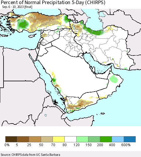 Middle East and Turkey Percent of Normal Precipitation 5-Day (CHIRPS) Thematic Map For 9/6/2023 - 9/10/2023