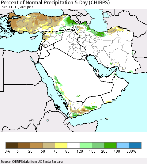 Middle East and Turkey Percent of Normal Precipitation 5-Day (CHIRPS) Thematic Map For 9/11/2023 - 9/15/2023