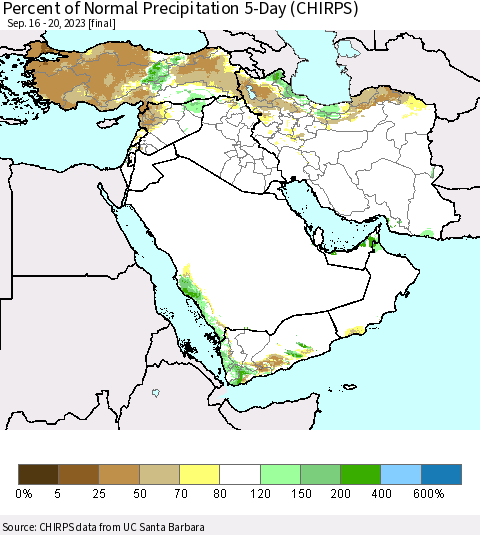 Middle East and Turkey Percent of Normal Precipitation 5-Day (CHIRPS) Thematic Map For 9/16/2023 - 9/20/2023