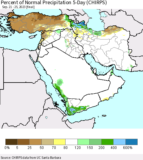 Middle East and Turkey Percent of Normal Precipitation 5-Day (CHIRPS) Thematic Map For 9/21/2023 - 9/25/2023