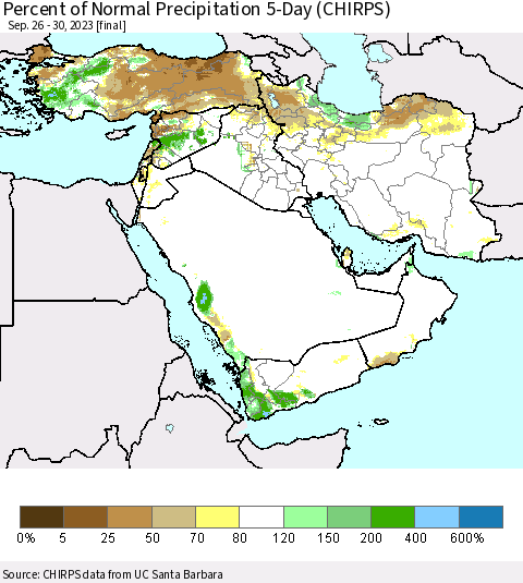 Middle East and Turkey Percent of Normal Precipitation 5-Day (CHIRPS) Thematic Map For 9/26/2023 - 9/30/2023