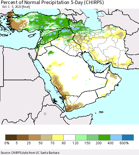 Middle East and Turkey Percent of Normal Precipitation 5-Day (CHIRPS) Thematic Map For 10/1/2023 - 10/5/2023