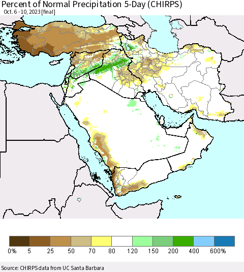 Middle East and Turkey Percent of Normal Precipitation 5-Day (CHIRPS) Thematic Map For 10/6/2023 - 10/10/2023