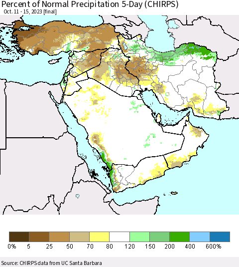 Middle East and Turkey Percent of Normal Precipitation 5-Day (CHIRPS) Thematic Map For 10/11/2023 - 10/15/2023