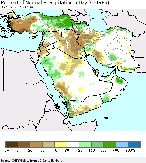 Middle East and Turkey Percent of Normal Precipitation 5-Day (CHIRPS) Thematic Map For 10/16/2023 - 10/20/2023