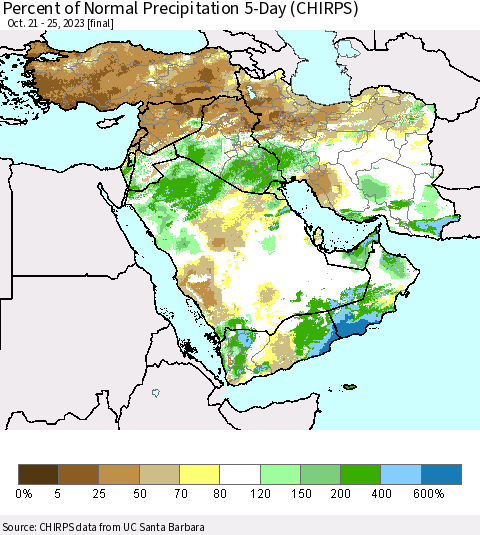 Middle East and Turkey Percent of Normal Precipitation 5-Day (CHIRPS) Thematic Map For 10/21/2023 - 10/25/2023