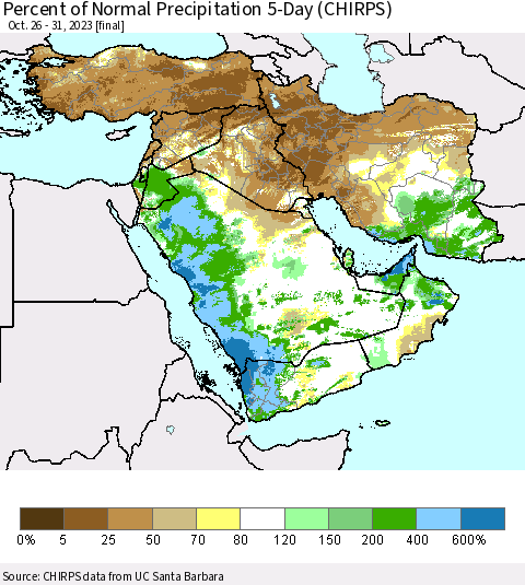 Middle East and Turkey Percent of Normal Precipitation 5-Day (CHIRPS) Thematic Map For 10/26/2023 - 10/31/2023