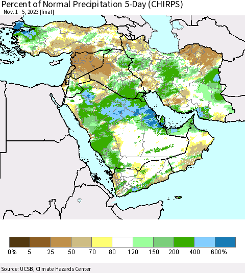 Middle East and Turkey Percent of Normal Precipitation 5-Day (CHIRPS) Thematic Map For 11/1/2023 - 11/5/2023