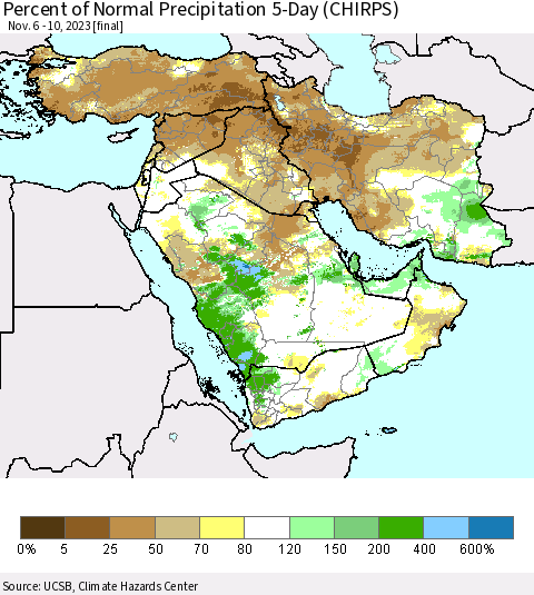 Middle East and Turkey Percent of Normal Precipitation 5-Day (CHIRPS) Thematic Map For 11/6/2023 - 11/10/2023
