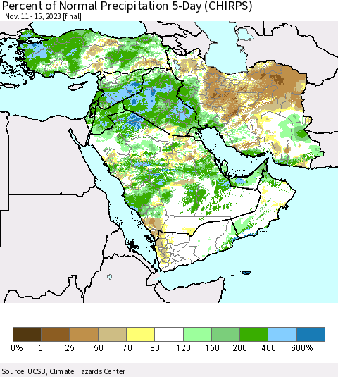 Middle East and Turkey Percent of Normal Precipitation 5-Day (CHIRPS) Thematic Map For 11/11/2023 - 11/15/2023