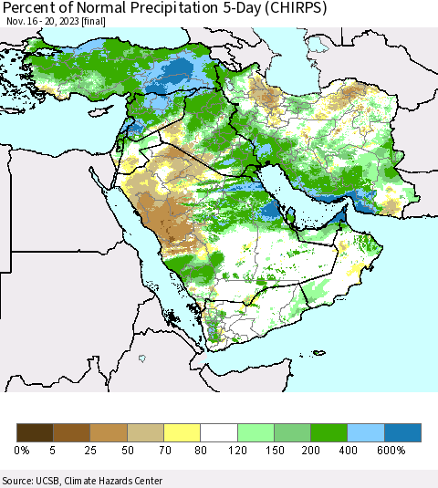 Middle East and Turkey Percent of Normal Precipitation 5-Day (CHIRPS) Thematic Map For 11/16/2023 - 11/20/2023