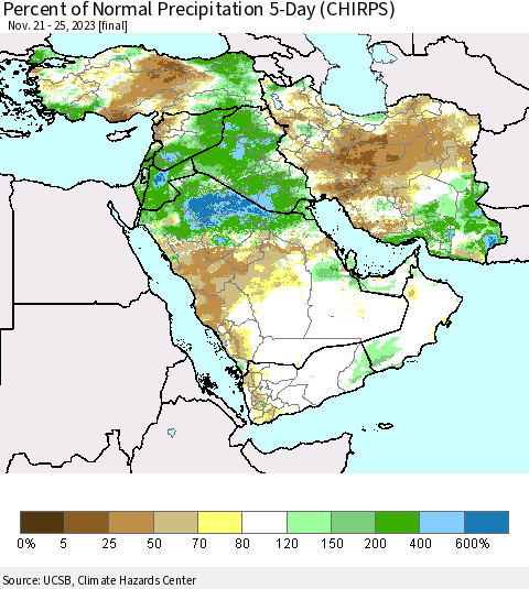Middle East and Turkey Percent of Normal Precipitation 5-Day (CHIRPS) Thematic Map For 11/21/2023 - 11/25/2023