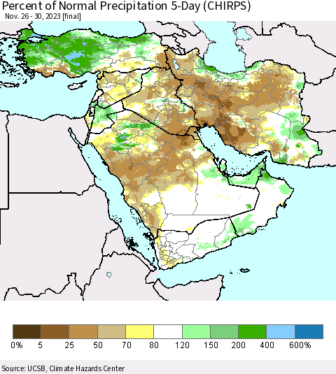 Middle East and Turkey Percent of Normal Precipitation 5-Day (CHIRPS) Thematic Map For 11/26/2023 - 11/30/2023