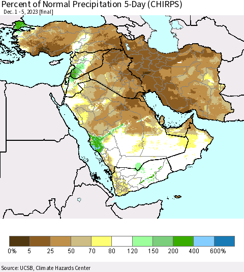Middle East and Turkey Percent of Normal Precipitation 5-Day (CHIRPS) Thematic Map For 12/1/2023 - 12/5/2023