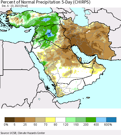 Middle East and Turkey Percent of Normal Precipitation 5-Day (CHIRPS) Thematic Map For 12/6/2023 - 12/10/2023