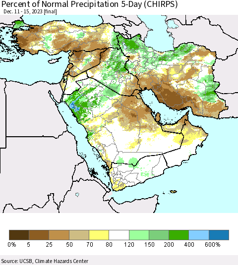 Middle East and Turkey Percent of Normal Precipitation 5-Day (CHIRPS) Thematic Map For 12/11/2023 - 12/15/2023