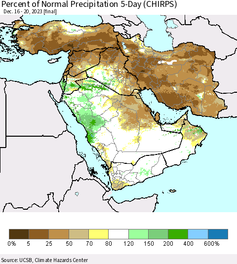 Middle East and Turkey Percent of Normal Precipitation 5-Day (CHIRPS) Thematic Map For 12/16/2023 - 12/20/2023
