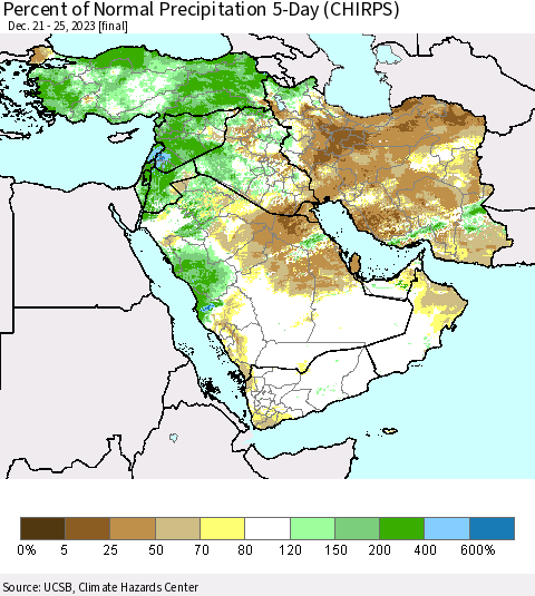 Middle East and Turkey Percent of Normal Precipitation 5-Day (CHIRPS) Thematic Map For 12/21/2023 - 12/25/2023