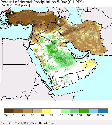 Middle East and Turkey Percent of Normal Precipitation 5-Day (CHIRPS) Thematic Map For 12/26/2023 - 12/31/2023