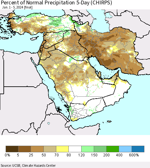 Middle East and Turkey Percent of Normal Precipitation 5-Day (CHIRPS) Thematic Map For 1/1/2024 - 1/5/2024