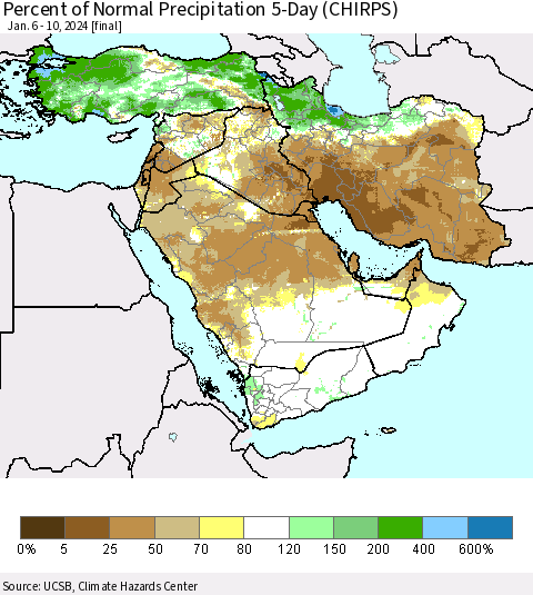 Middle East and Turkey Percent of Normal Precipitation 5-Day (CHIRPS) Thematic Map For 1/6/2024 - 1/10/2024