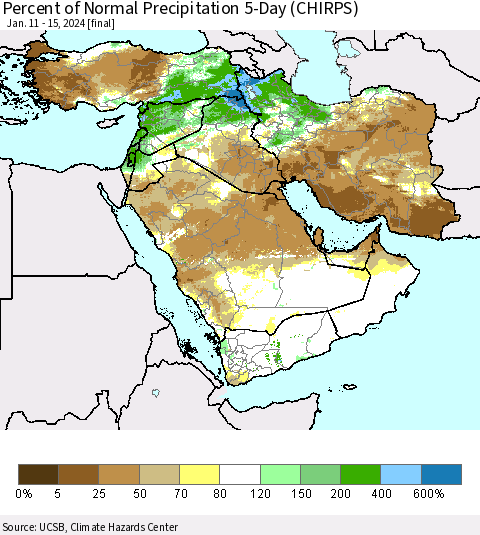 Middle East and Turkey Percent of Normal Precipitation 5-Day (CHIRPS) Thematic Map For 1/11/2024 - 1/15/2024