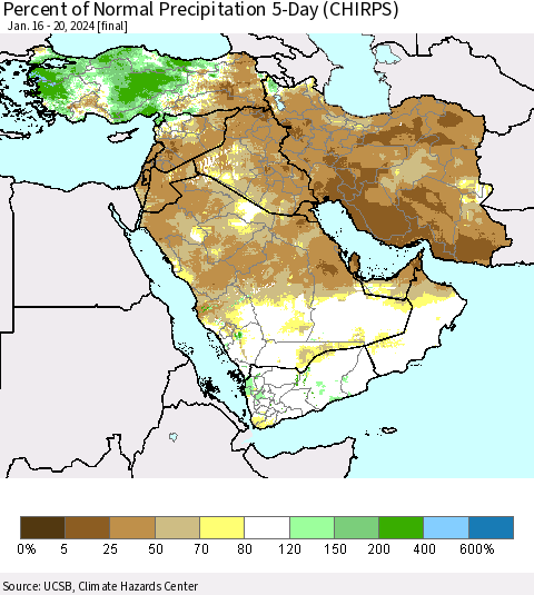 Middle East and Turkey Percent of Normal Precipitation 5-Day (CHIRPS) Thematic Map For 1/16/2024 - 1/20/2024