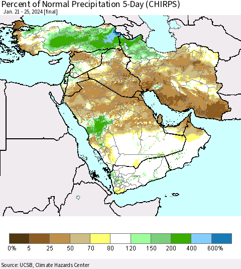 Middle East and Turkey Percent of Normal Precipitation 5-Day (CHIRPS) Thematic Map For 1/21/2024 - 1/25/2024