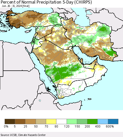 Middle East and Turkey Percent of Normal Precipitation 5-Day (CHIRPS) Thematic Map For 1/26/2024 - 1/31/2024