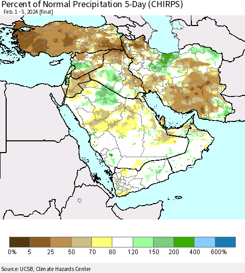 Middle East and Turkey Percent of Normal Precipitation 5-Day (CHIRPS) Thematic Map For 2/1/2024 - 2/5/2024