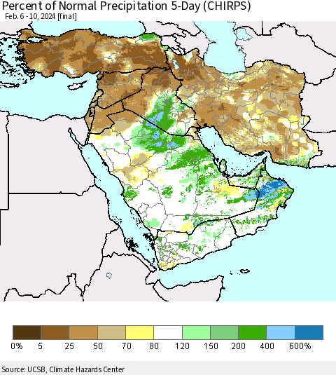 Middle East and Turkey Percent of Normal Precipitation 5-Day (CHIRPS) Thematic Map For 2/6/2024 - 2/10/2024