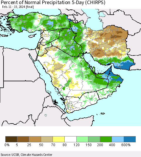 Middle East and Turkey Percent of Normal Precipitation 5-Day (CHIRPS) Thematic Map For 2/11/2024 - 2/15/2024