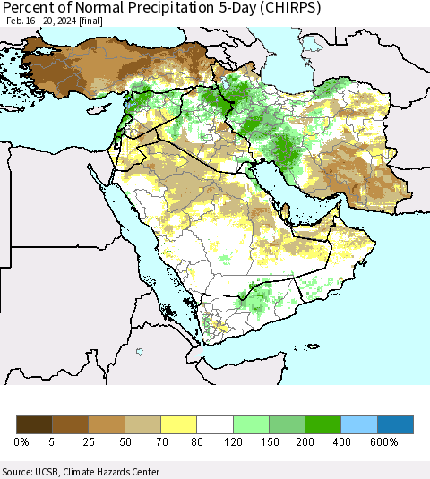 Middle East and Turkey Percent of Normal Precipitation 5-Day (CHIRPS) Thematic Map For 2/16/2024 - 2/20/2024