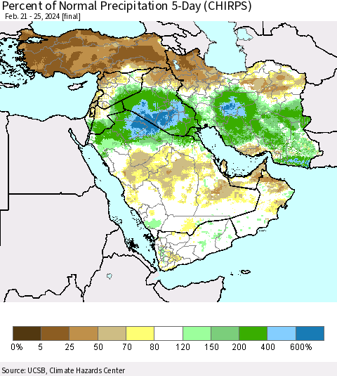 Middle East and Turkey Percent of Normal Precipitation 5-Day (CHIRPS) Thematic Map For 2/21/2024 - 2/25/2024