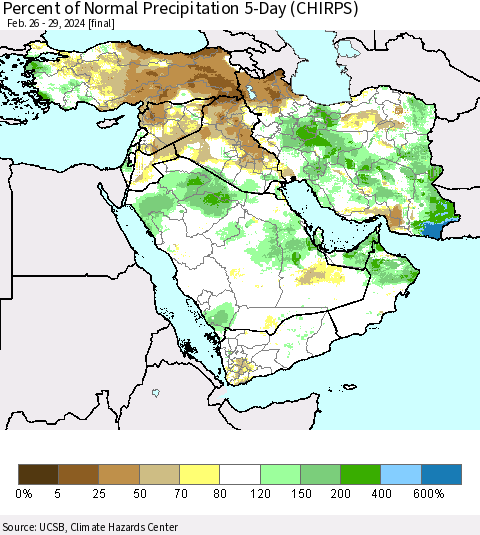 Middle East and Turkey Percent of Normal Precipitation 5-Day (CHIRPS) Thematic Map For 2/26/2024 - 2/29/2024